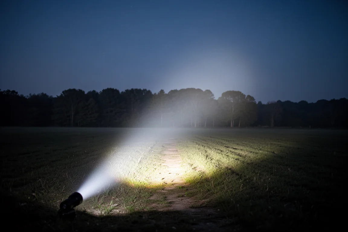 Tactical flashlight beam reaching across a dark field with a wide spill