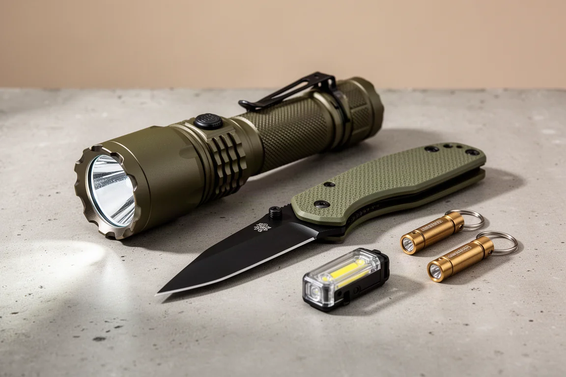 Lineup di gear per l'anniversario di Olight con torce e un coltello pieghevole su cemento