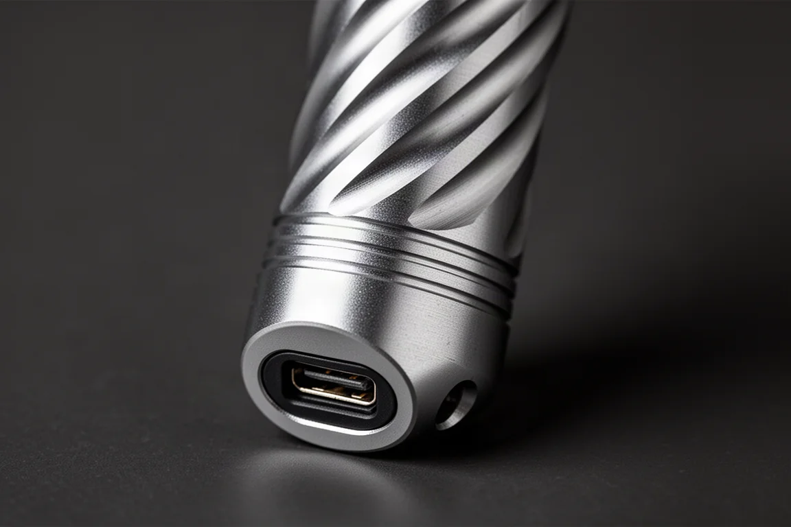 Cappuccio posteriore svitato che rivela una nascosta porta di ricarica USB-C
