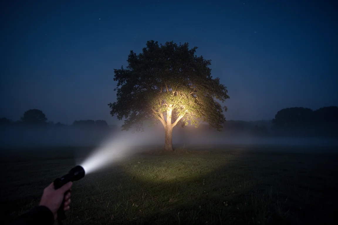Fascio luminoso di una torcia che illumina un albero lontano di notte