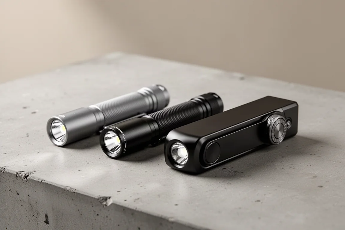 Three Olight EDC flashlights, two cylindrical Batons and a flat Arkfeld Ultra in black, on concrete