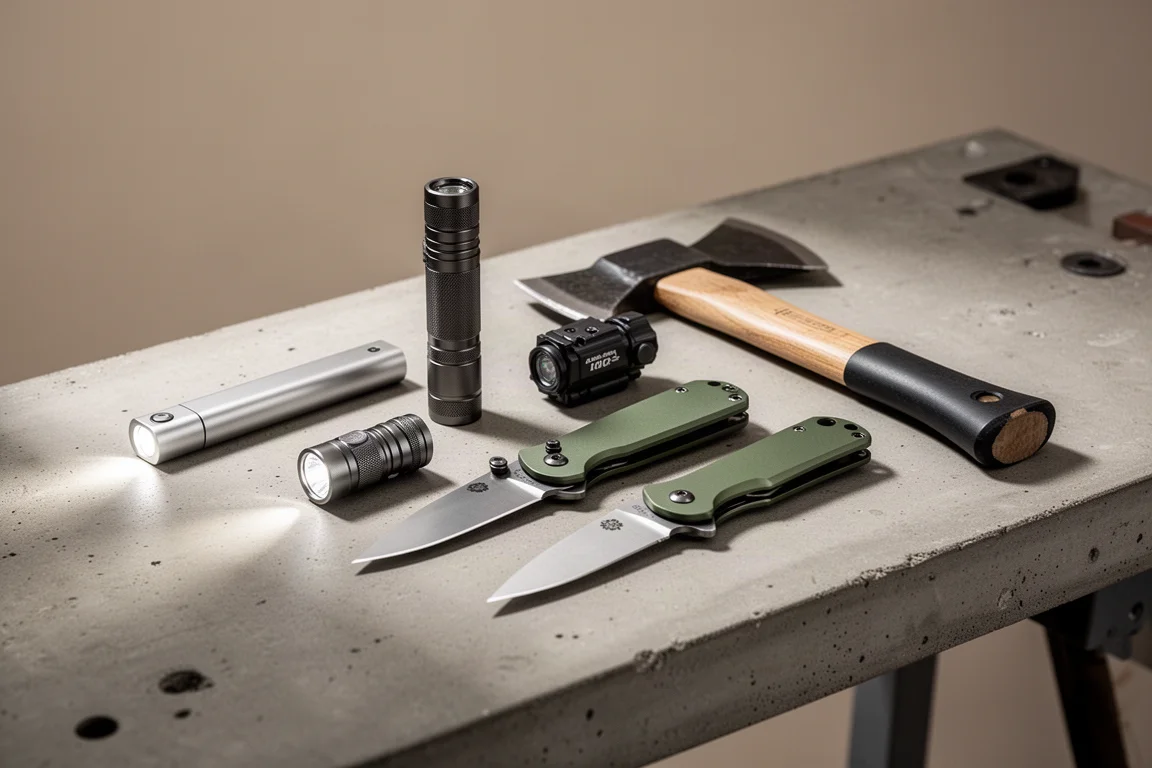 Olight flashlights, folding knife, and hatchet arranged on a workbench