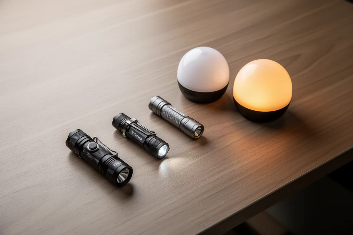 Compact EDC flashlights and small glowing ambient lights arranged on a desk