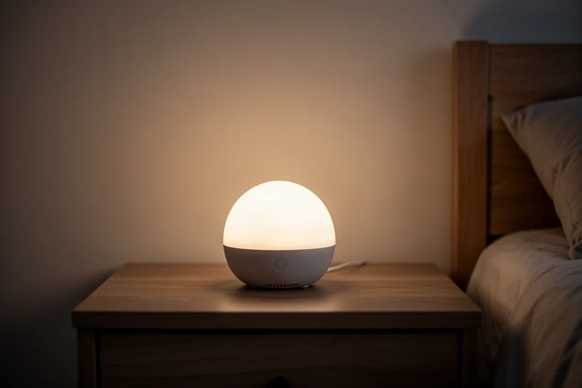 Small spherical light glowing on a bedside table in a dim room