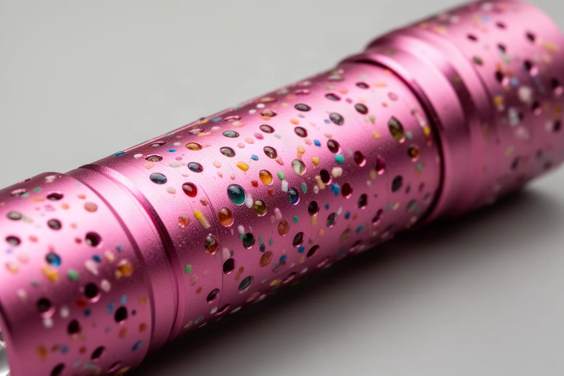 Close-up of a speckled pink anodized flashlight body with colored resin inlays