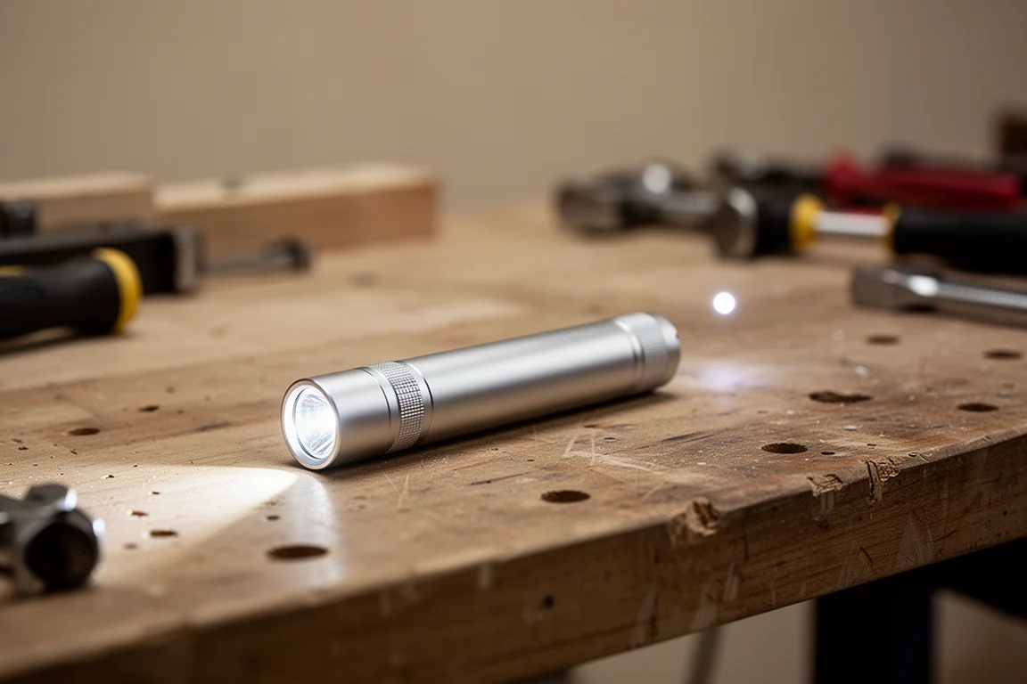 Flat slim flashlight with a laser dot projecting onto a workbench