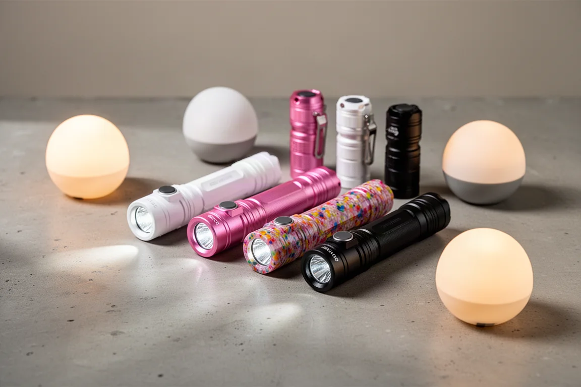 Torce EDC compatte e piccole luci d'atmosfera luminose disposte su una superficie di cemento