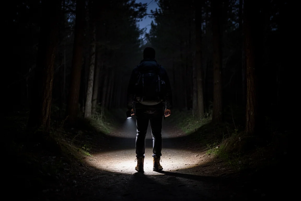 行山人士走在黑暗的森林小徑上,胸前低位夾著的小電筒照亮路面