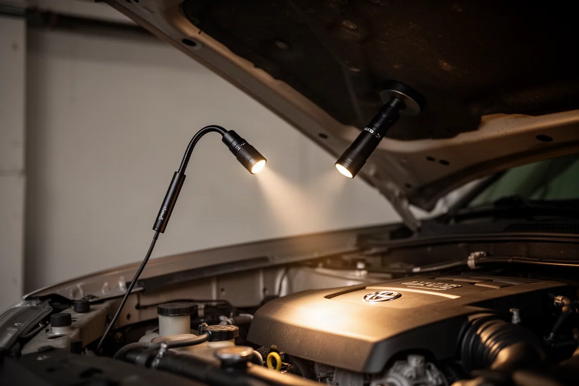 Ficklampa fäst magnetiskt på en motorhuv som lyser upp ett motorrum