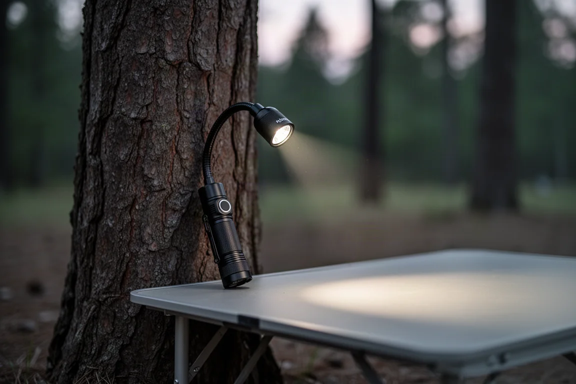 Ficklampa lutad mot ett träd utomhus i skymningen