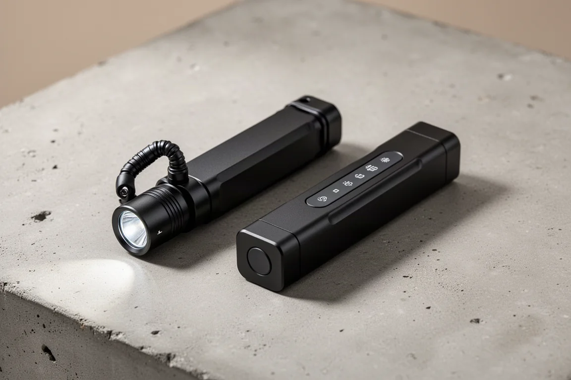 Olight Arc Flex and Arkfeld Pro flashlights side by side on concrete