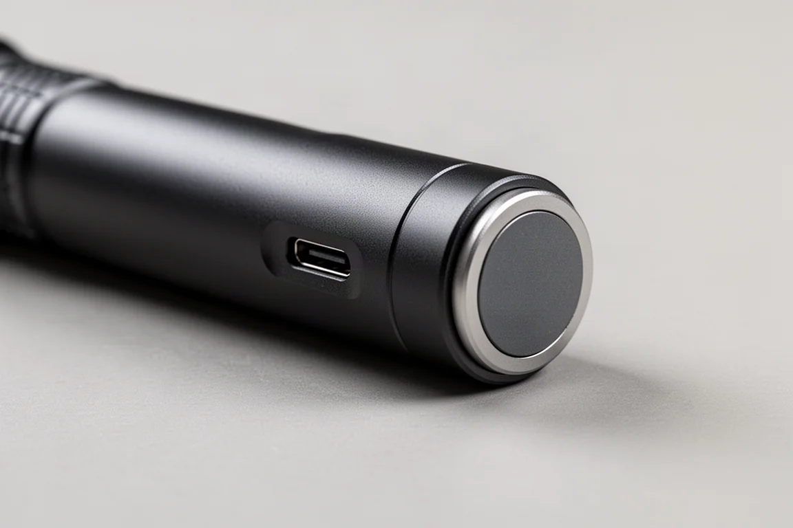 Porta USB-C e tampa magnética de carregamento em detalhe no corpo da lanterna