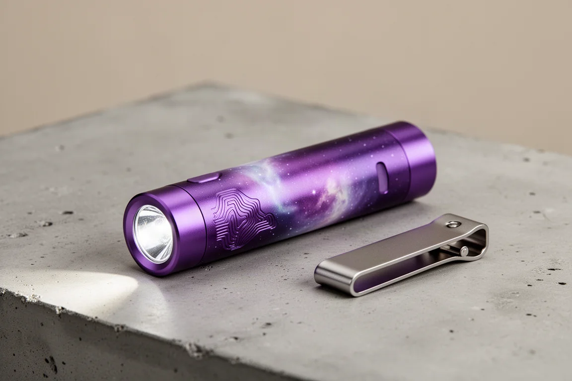 Sottile torcia EDC viola con clip da cintura su superficie di cemento opaco