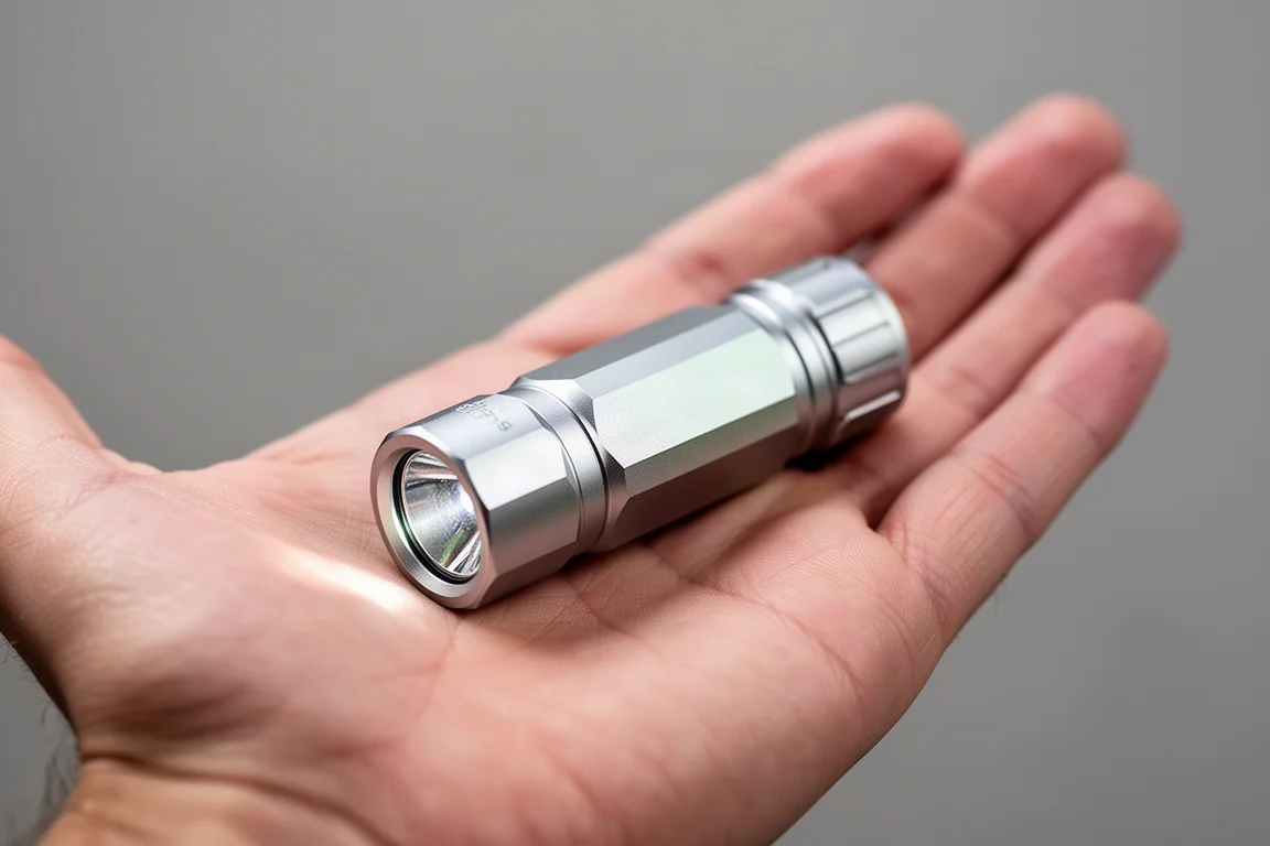 Kompakte silberne EDC-Taschenlampe in einer Hand, mit facettiertem, kantigem Gehäuse