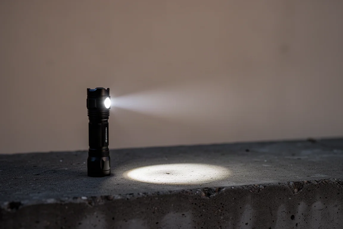 Taschenlampenlinse projiziert einen eng gebündelten Spotlight-Strahl auf eine ebene Fläche