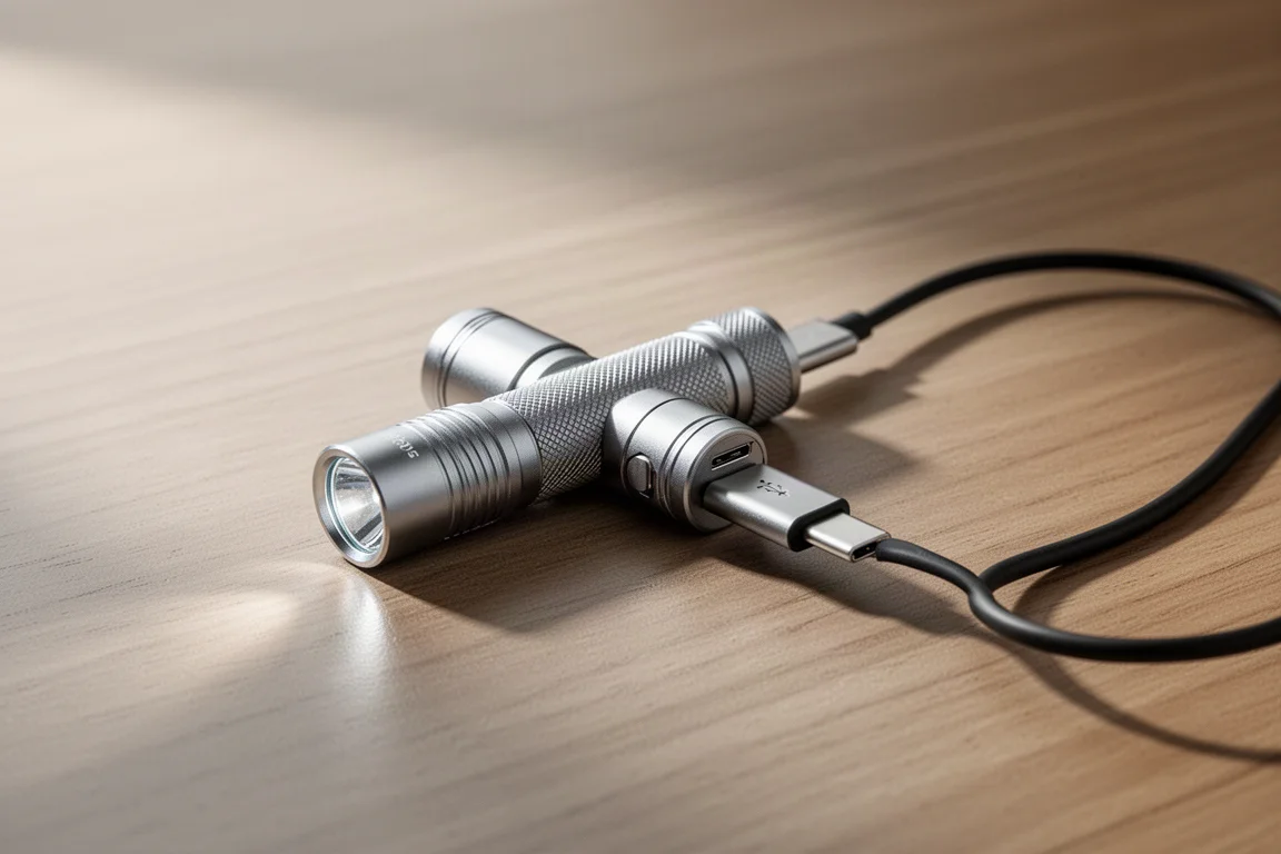 Taschenlampe auf einem Schreibtisch, über ein USB-C-Kabel zum Laden angeschlossen