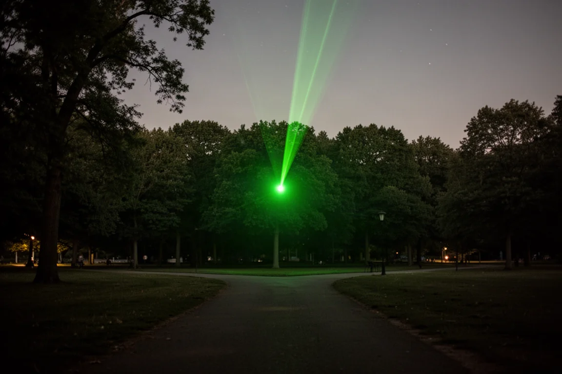 Zielony punkt laserowy widoczny na oddalonej linii drzew w nocy