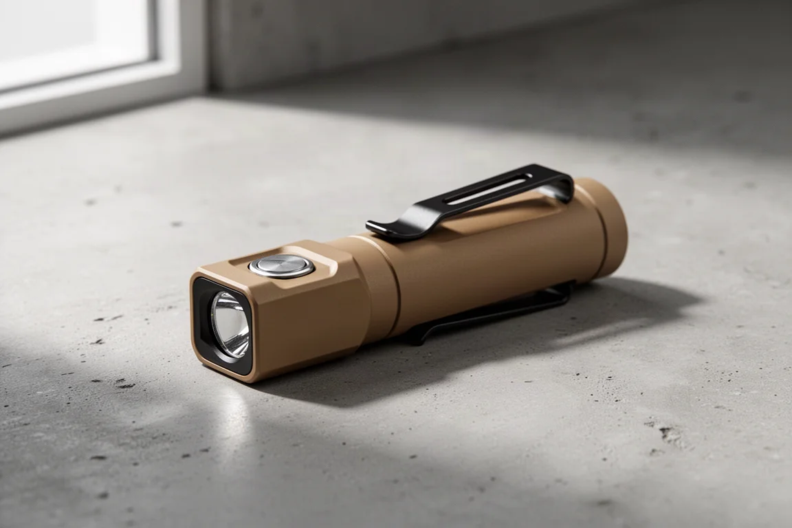 Desert brown flat-profile EDC flashlight with black pocket clip on concrete