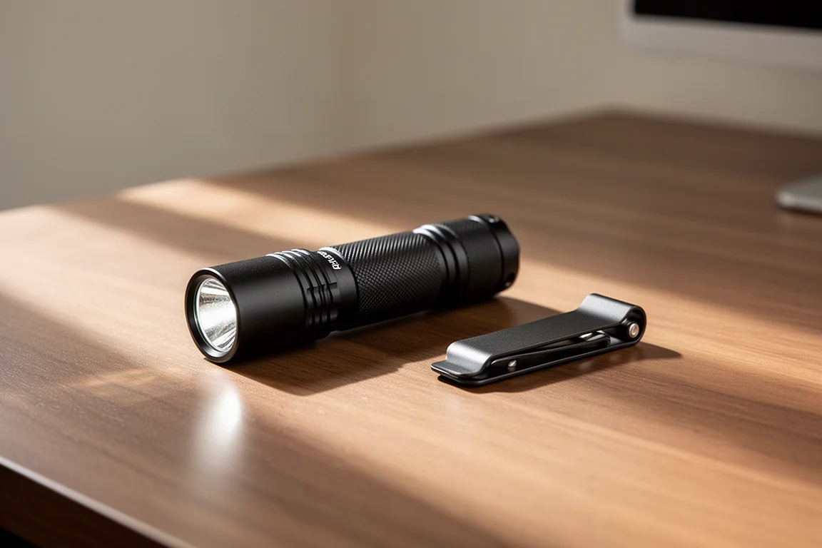 Compact everyday carry flashlight resting on a desk in soft window light