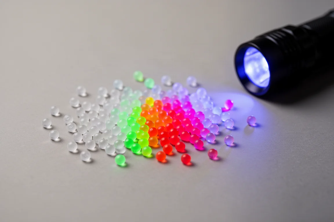 Small UV-absorbent beads changing color under an ultraviolet light source