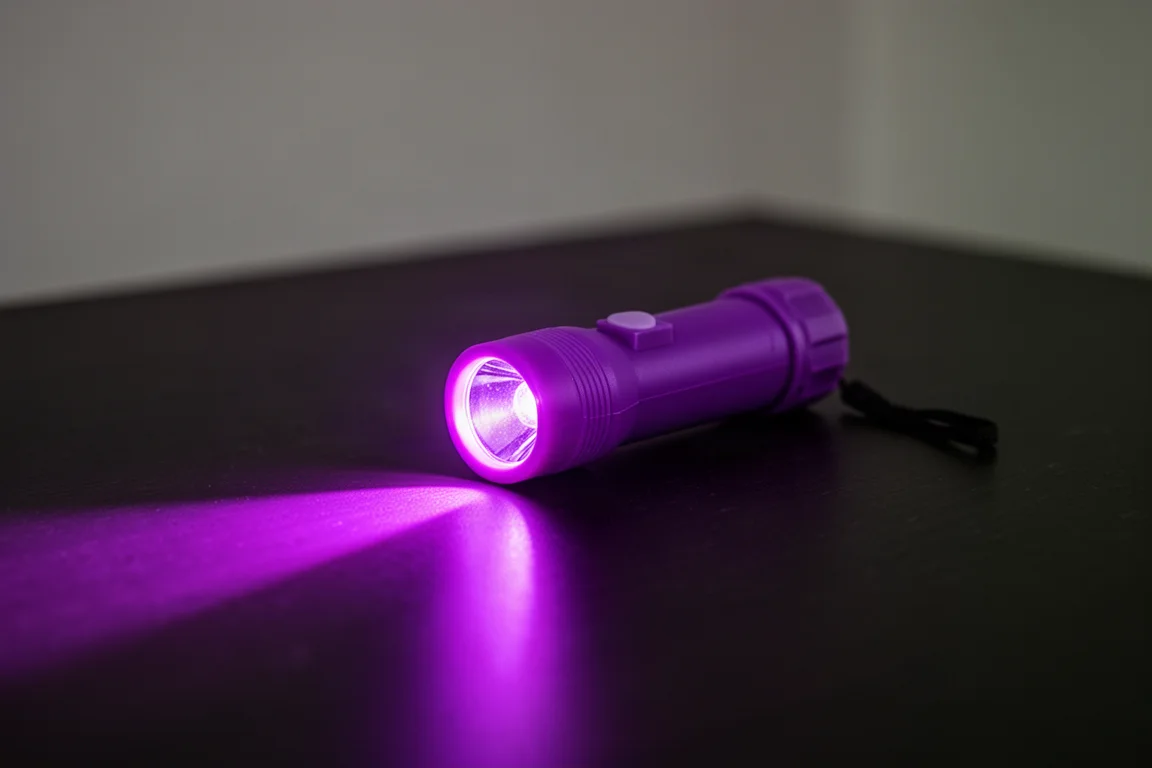 Cheap keychain UV flashlight glowing with visible purple light on a dark surface