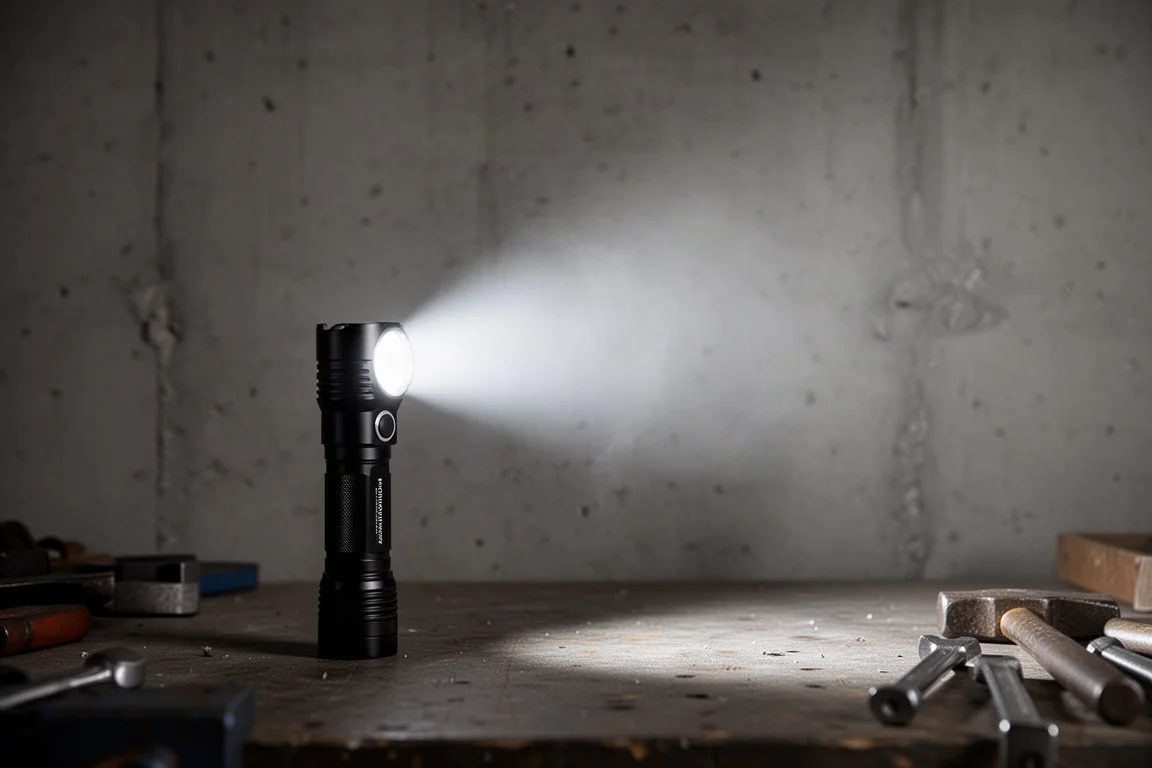 Hand-size flashlight casting a wide beam pattern on a dim workshop wall