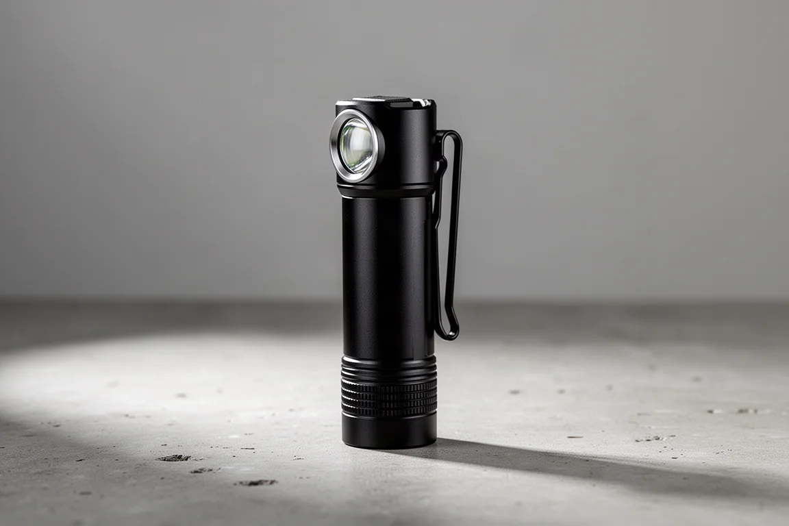 Compact black everyday carry flashlight standing upright on a concrete surface