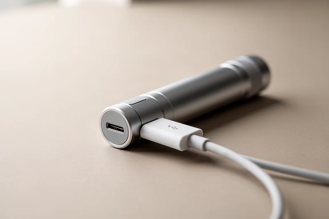 ポケットサイズのフラッシュライトが小さなUSB-Cポートから充電されている