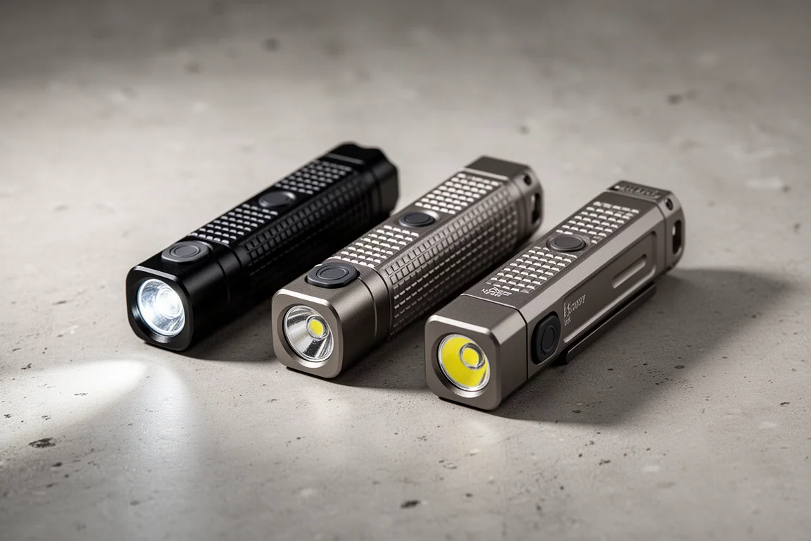Tre torce Olight Ark Pro a forma di barra allineate su una superficie di cemento