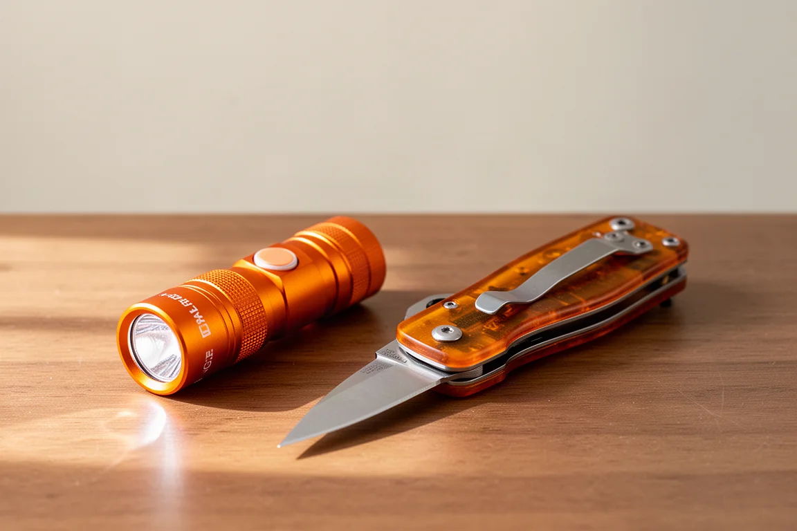 Lampe de poche posée à côté d'un couteau pliant aux tons ambrés sur du bois