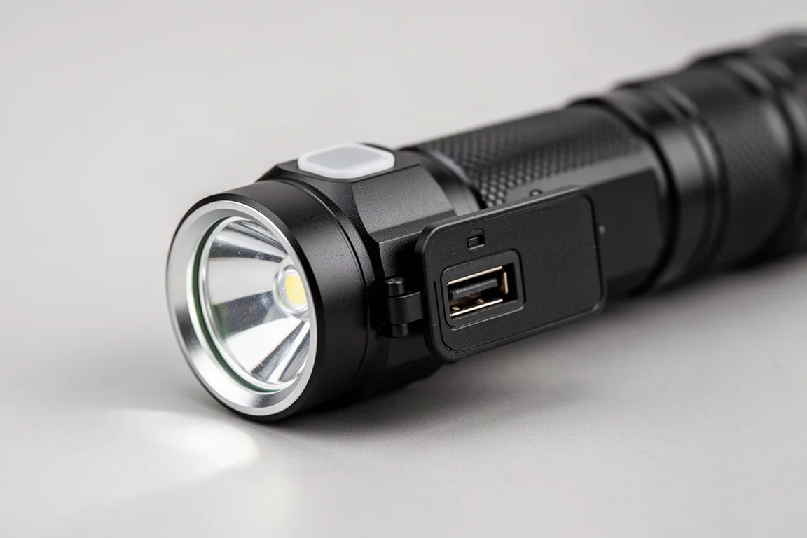 Port USB rabattu exposé sur le corps de la lampe de poche