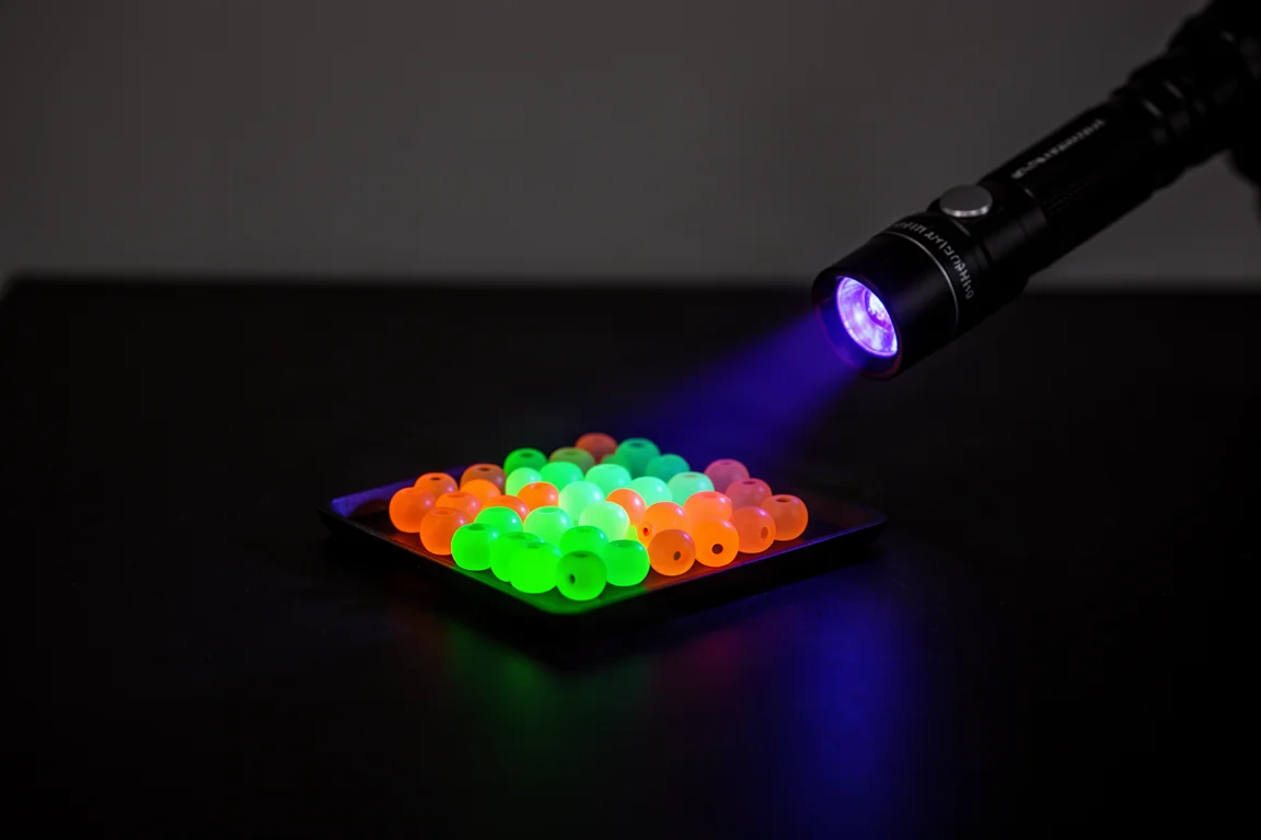 Luz ultravioleta que hace brillar cuentas fluorescentes de forma viva en una habitación oscura