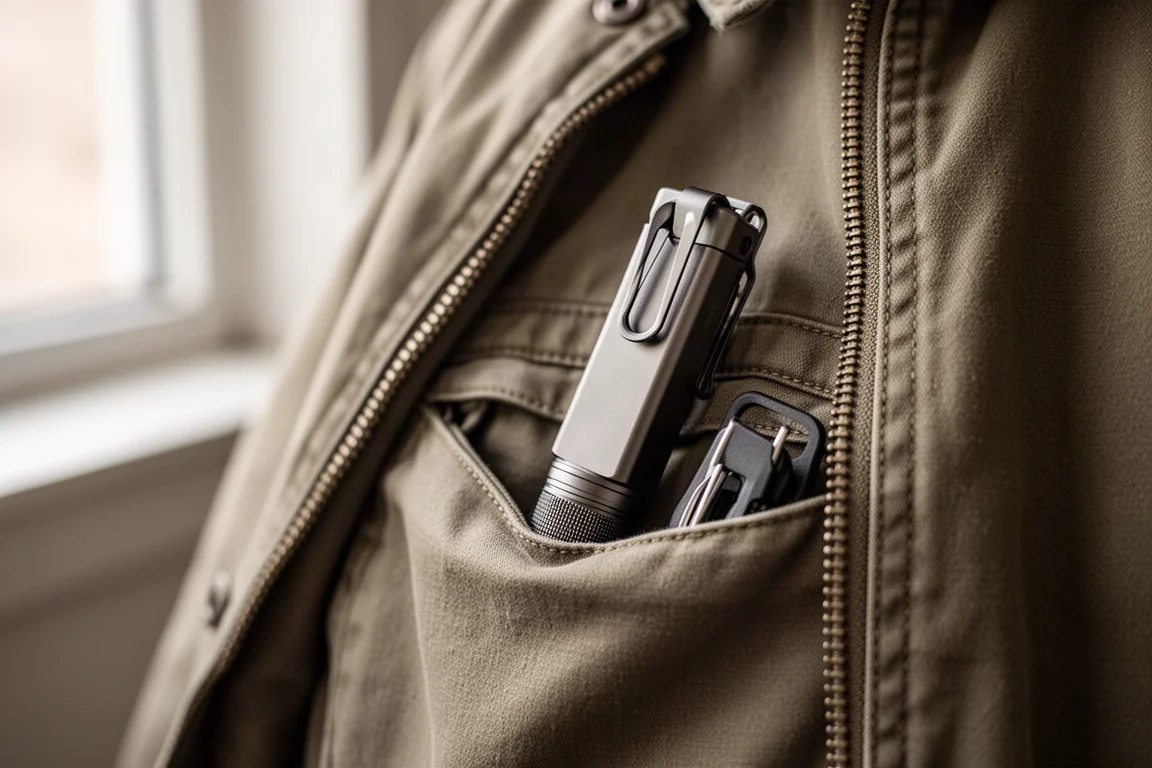 Slim flat flashlight resting in an open jacket pocket