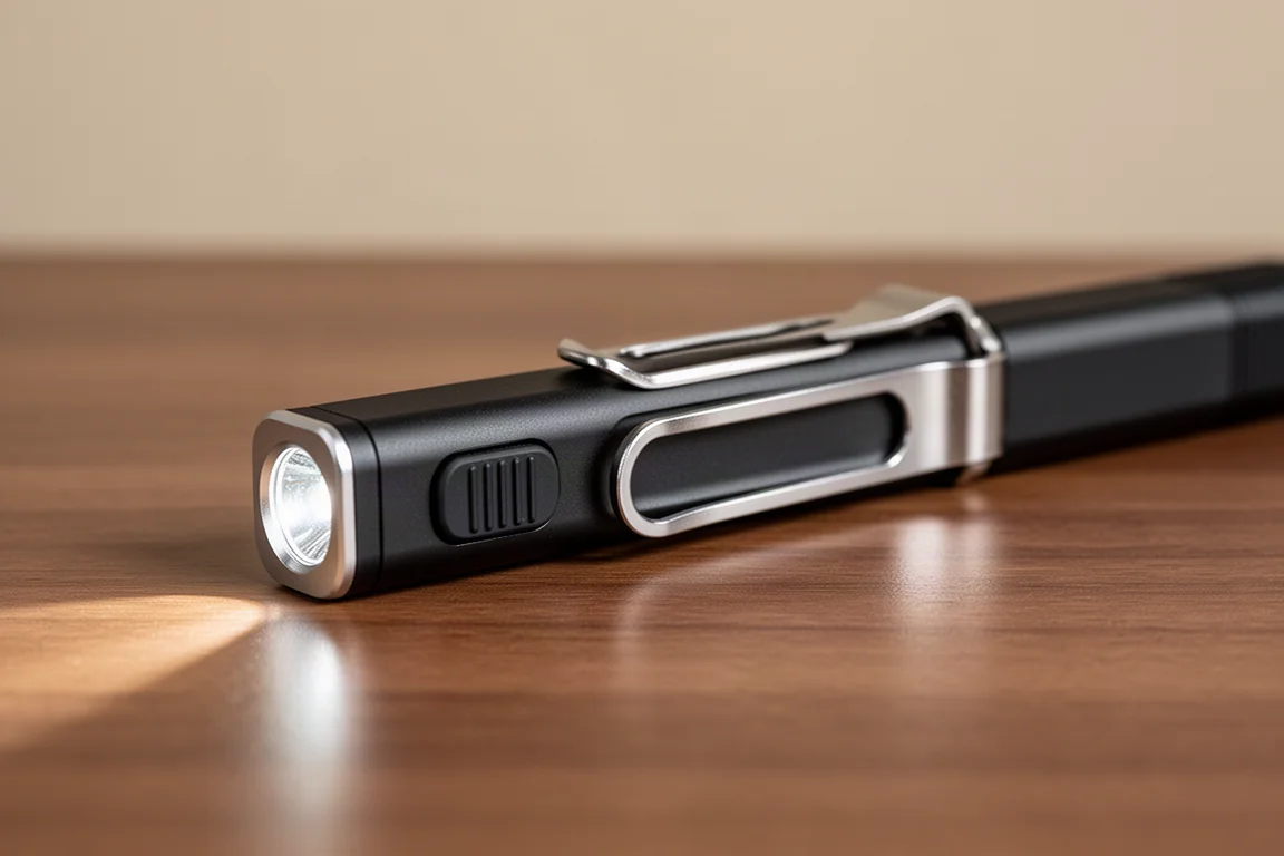 Close-up of a flashlight side switch and pocket clip detail