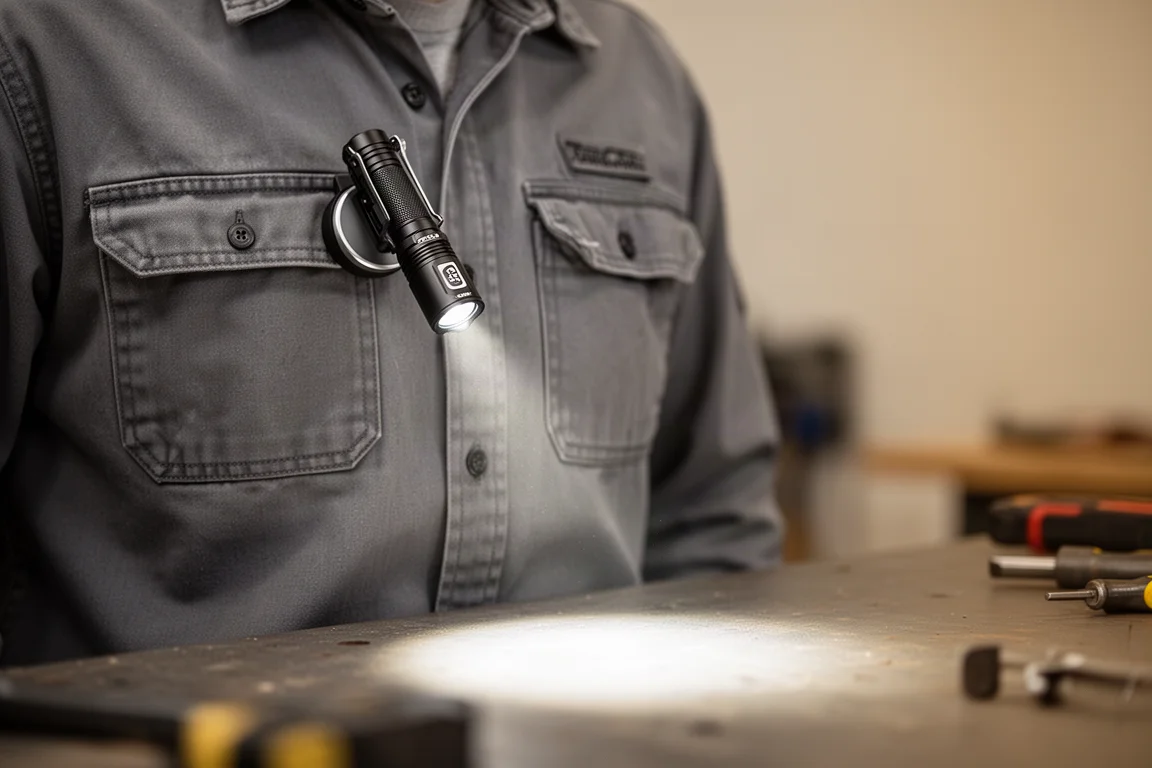 Flashlight clipped to a shirt front angled upward for hands-free use