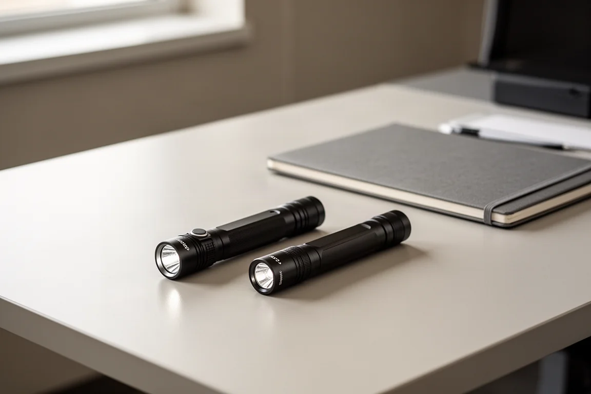 Two flat flashlights side by side on a desk in soft office light