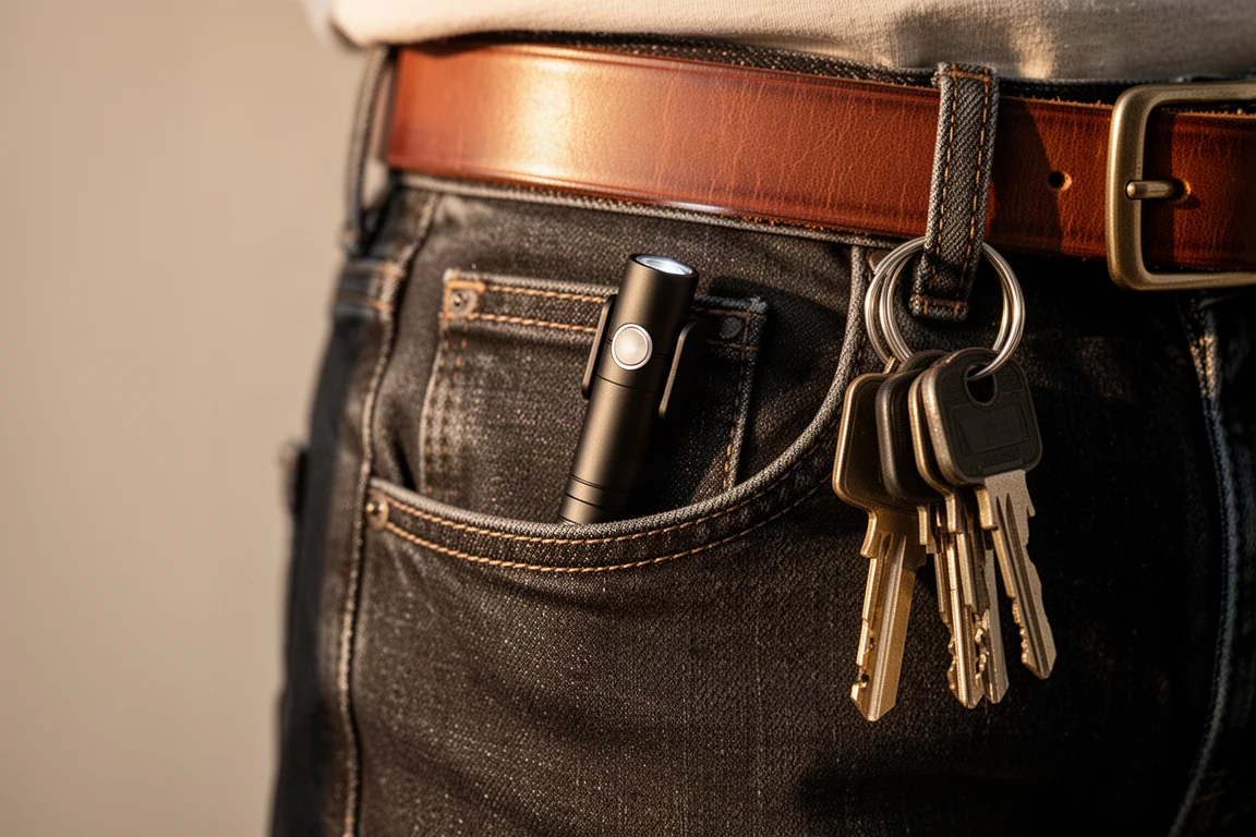 Lampe torche plate de port quotidien accrochée dans une poche de jean à côté de clés