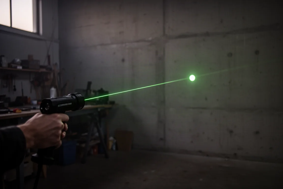 Faisceau laser vert traversant l'air sombre du soir vers un mur d'atelier