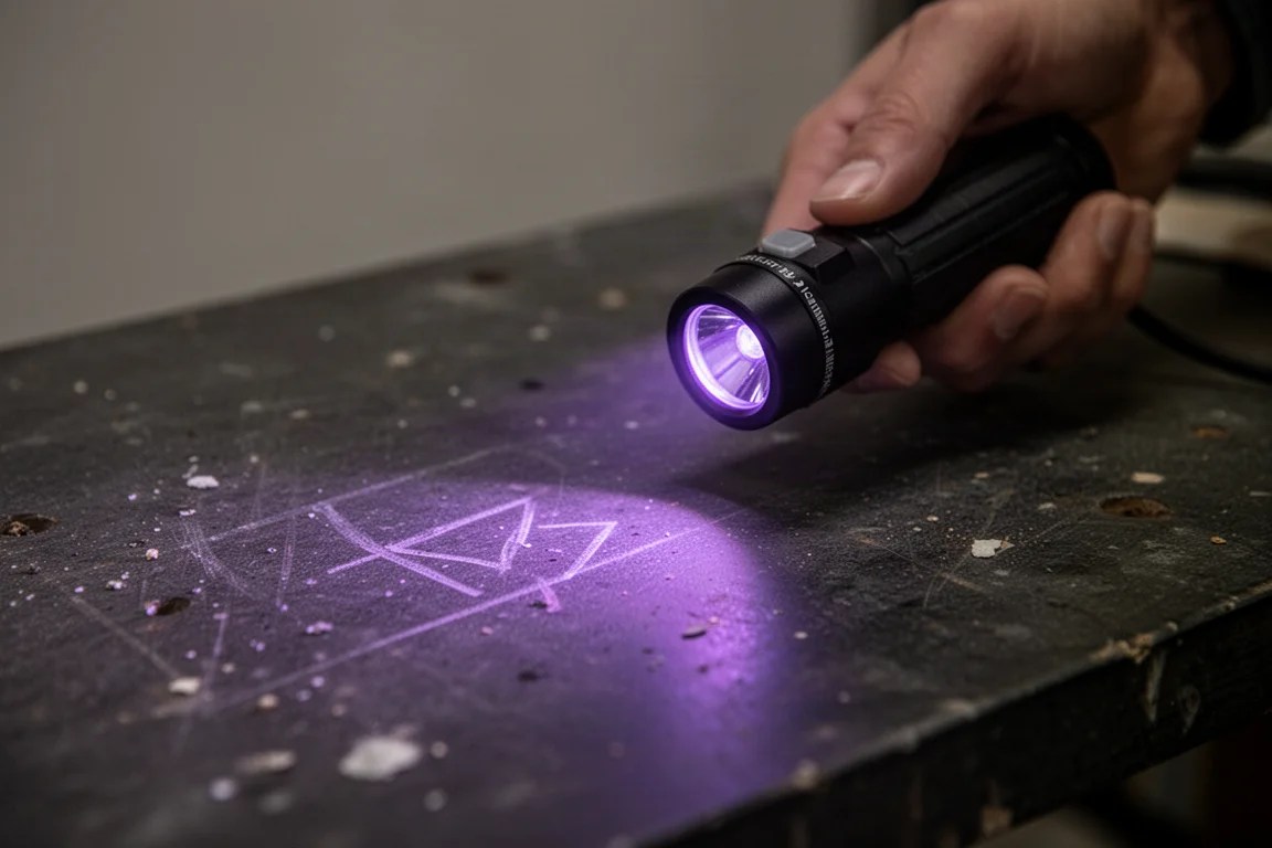 Lumière UV 365nm révélant des marques cachées sur une surface lors d'une inspection