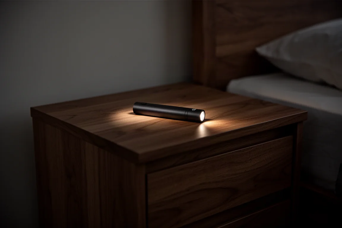 Lampe torche plate posée sur une table de nuit, luisant doucement en mode moonlight