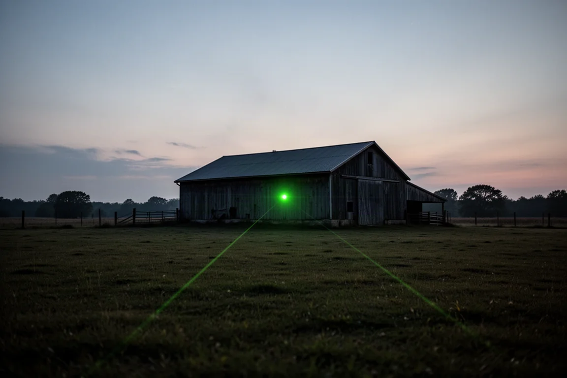 Zielony punkt laserowy widoczny na odległej ścianie stodoły o zmierzchu