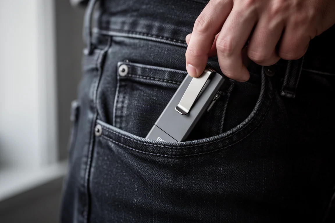 Slim flat EDC flashlight slipping into a jeans pocket with clip visible