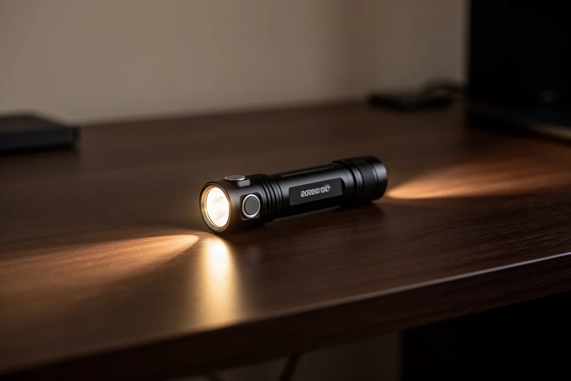 Flashlight emitting a focused beam in a dim room