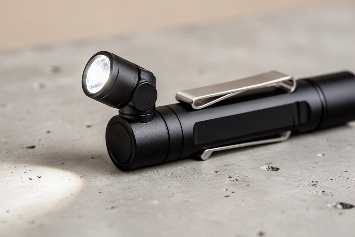 Close-up of the hinge joint on a flat flashlight with angled head
