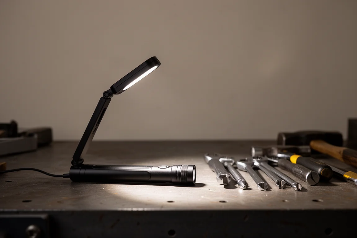 Angled flashlight head lighting a workspace while the body lies flat