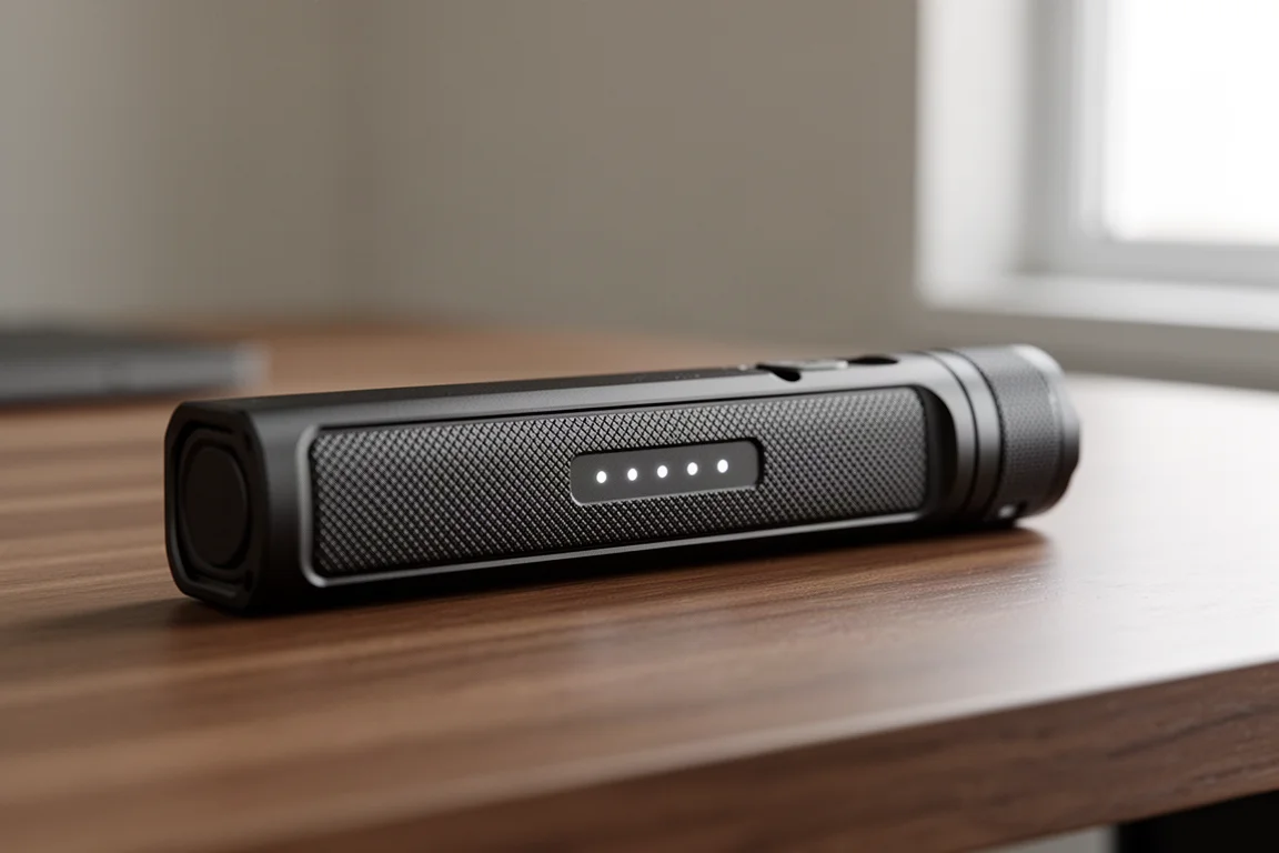 Slim EDC flashlight on a desk showing textured side and battery indicator