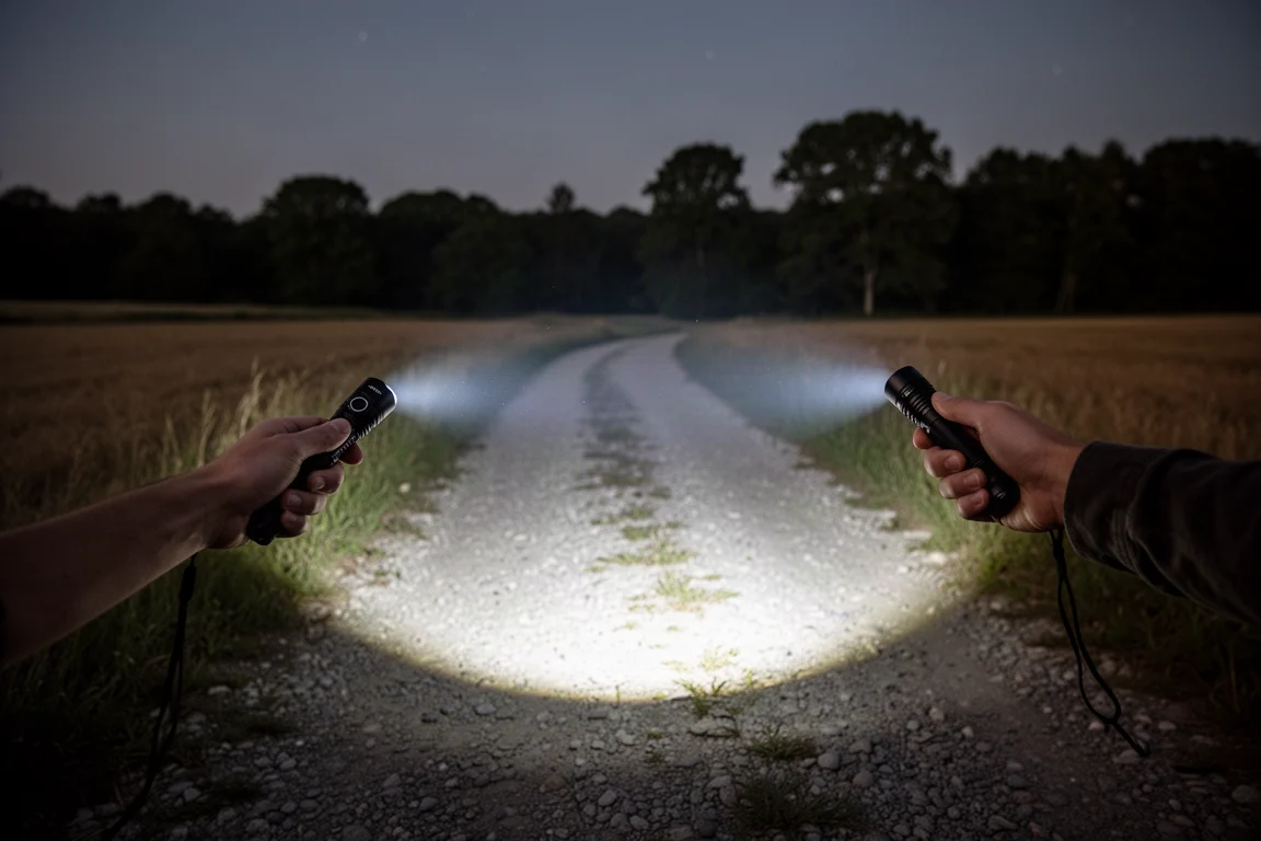 Slim flashlight casting a bright beam across a dark outdoor path at night