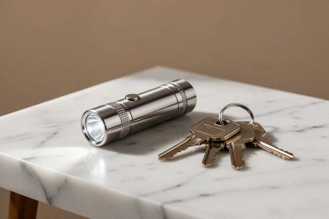 Compact stainless steel keychain flashlight on a marble surface