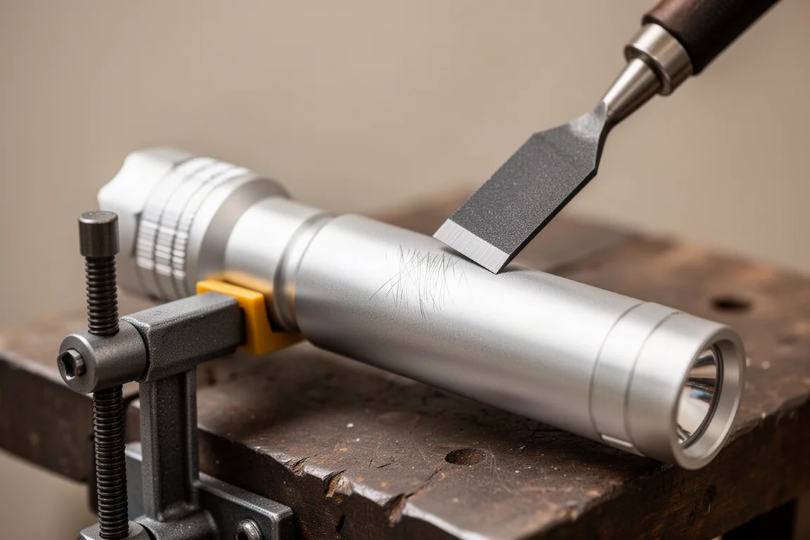 Flashlight scratch test with a carbide scraper on a light aluminum body