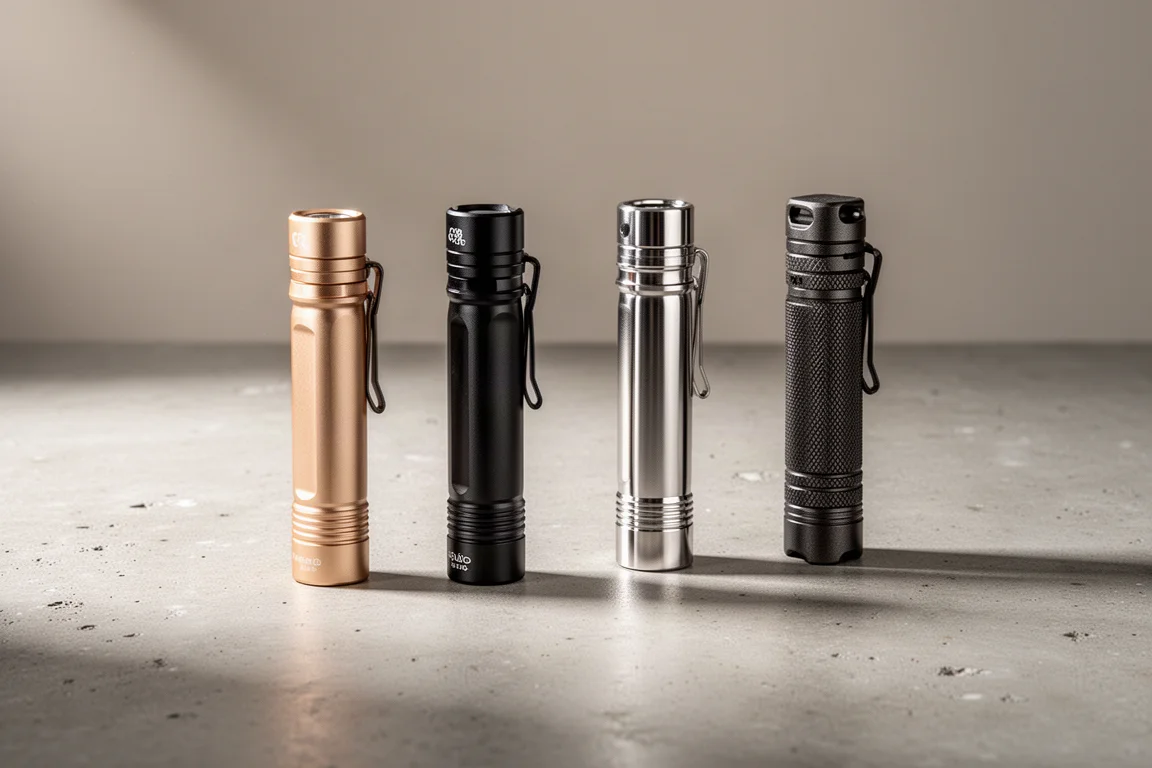 Quattro torce EDC Olight sottili disposte su una superficie di cemento